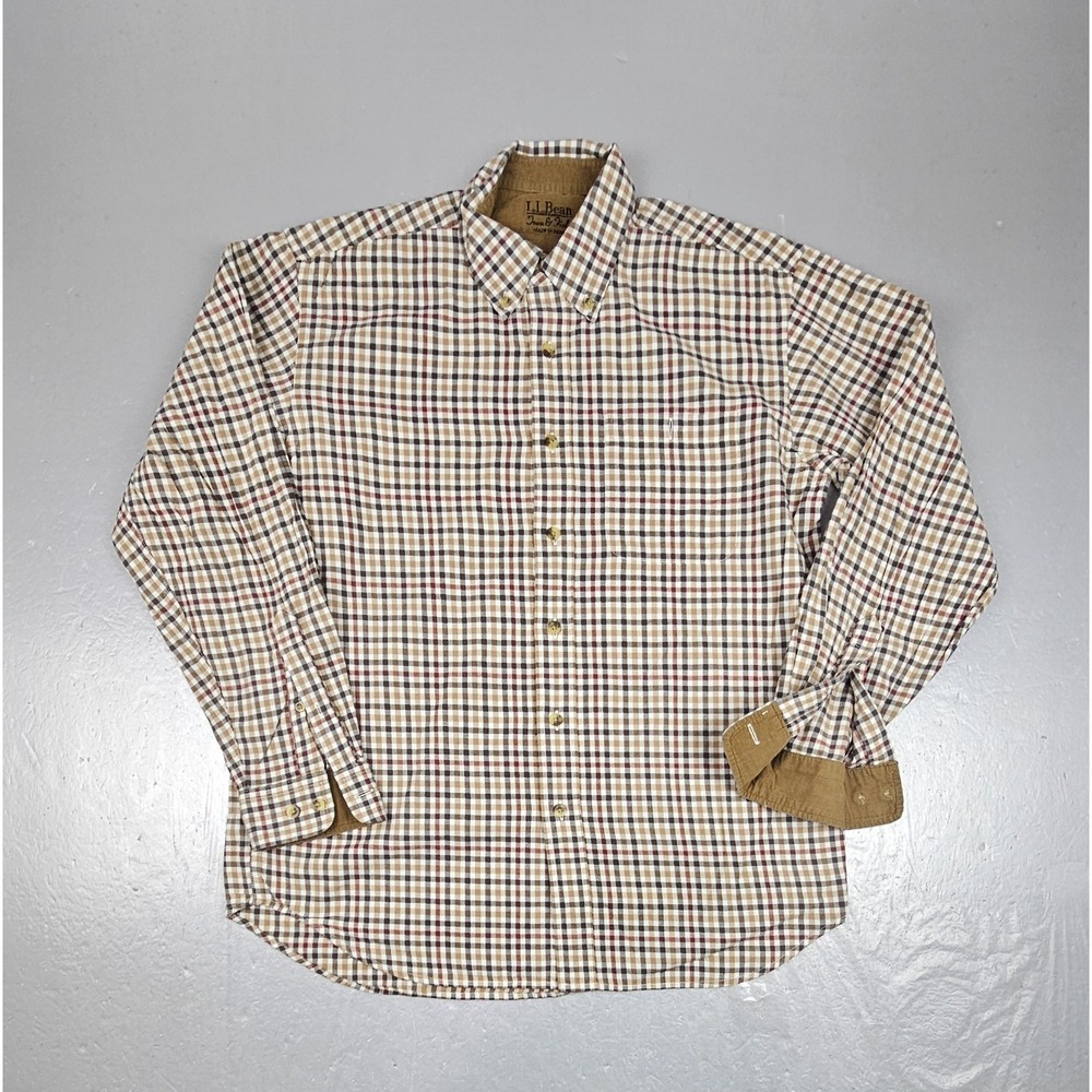 LL Bean Button Down Shirt Mens L REG Town & Field Plaid Corduroy Trim Brown